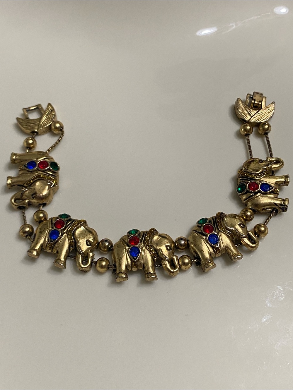 VTG Brass Elephant Link Slider Bracelet with Multicolor Cabochons